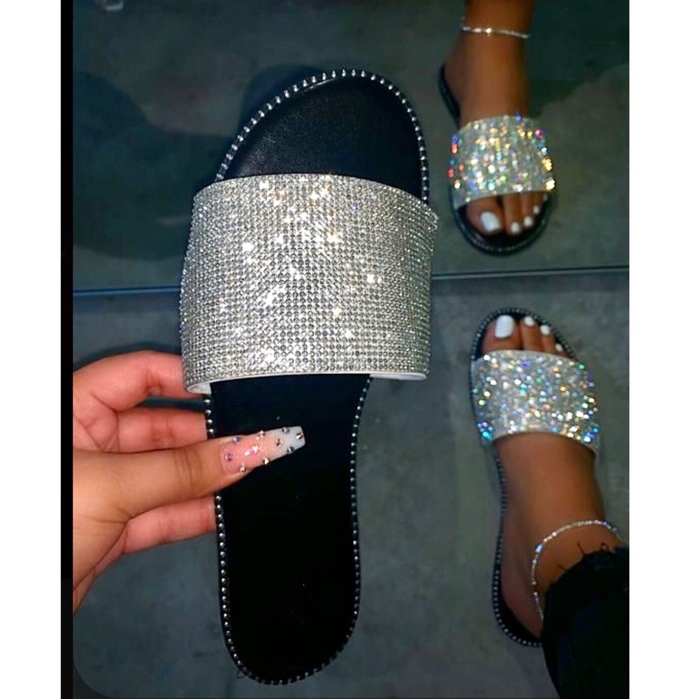 White Rhinestone Band Slip On Flip Flop Sandals - Picture 4 of 10
